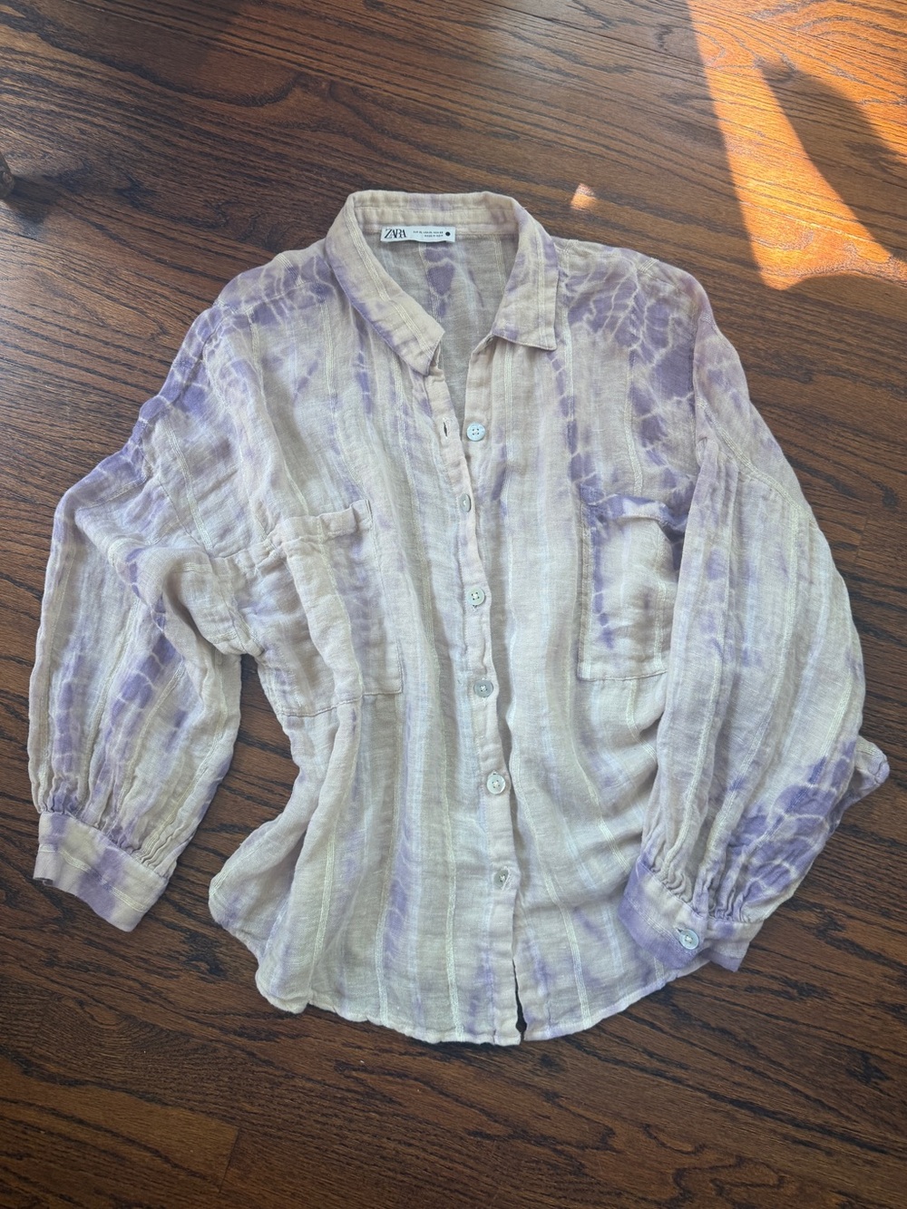 Zara Cream and Lavender Tie-Dye Button-Down Shirt